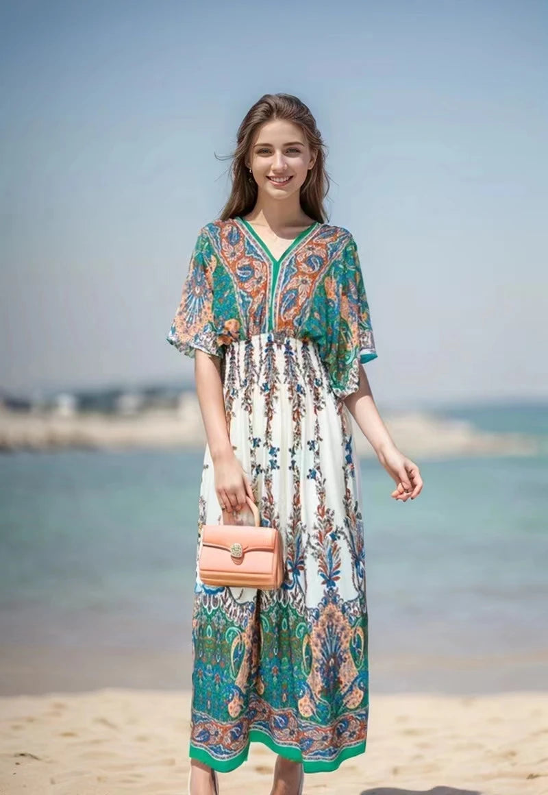 Short Sleeve Maxi Dress Women Dresses Summer Spring Fashion Female Vestido Vintage V-neck Print Floral Poplin Boho Beach Dresses