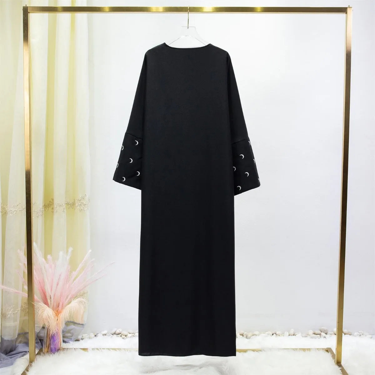 Muslim Moon Embroidery Open Front Abaya Women Long Sleeve Maxi Length Dress Muslim Abayas Kaftan Women Jilbabs Women's Clothing