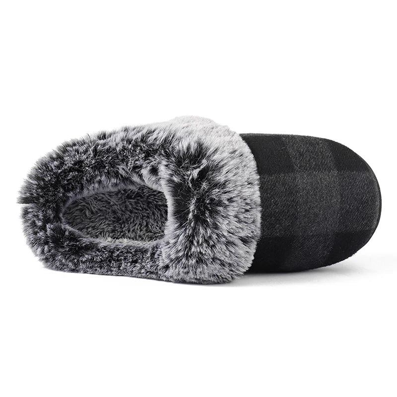 Plaid Thicken Plush Fur Slippers Women 2024 Winter Closed Toe Couple Home Slippers Woman Comfort Soft Sole House Shoes Slides