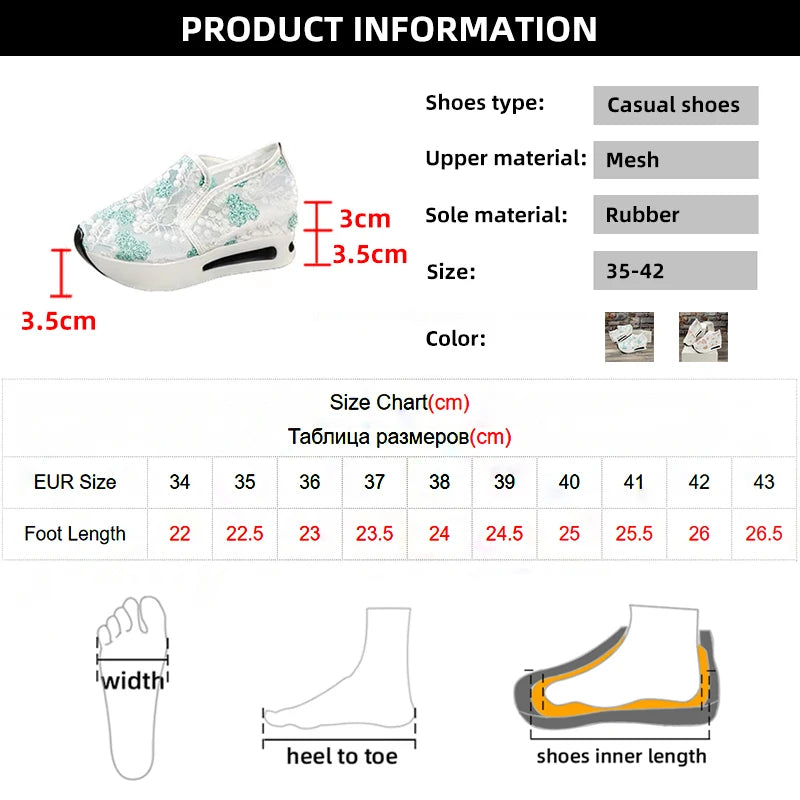 Embroidery Thick Platform Sneakers Women 2023 Autumn Breathable Mesh Loafers Woman Plus Size 42 Slip On Wedge Heels Casual Shoes