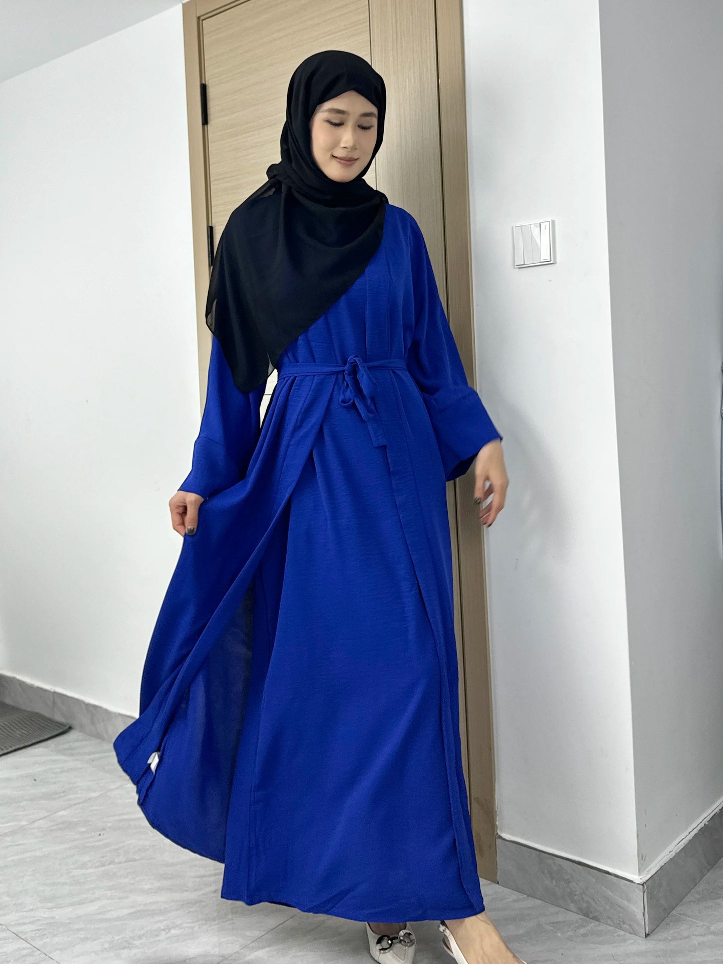 Women Open Front Abaya Muslim Sets Muslim Jilbab Loose Cardigan Coat Sleeveless Inner Dress Two Pieces Prayer Clothing with Belt