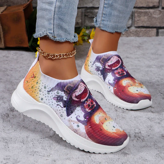 Shiny Crystal Halloween Print Flats Women 2024 Autumn Breathable Knitted Platform Sneakers Woman Soft Sole Non Slip Casual Shoes