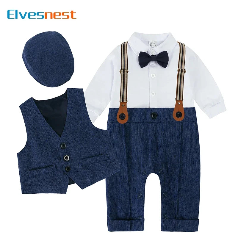 England Style Kids Clothes Boys Outfit Set 3 PCS Cotton Long Sleeve Rompers Hat Vest Spring Autumn Children Clothing 1-3 Years