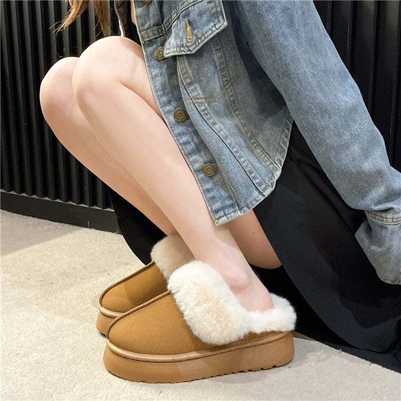 Women's new fur slippers for outdoor wear, 2024 winter short tube snow boots, thick soled warm cotton slippers