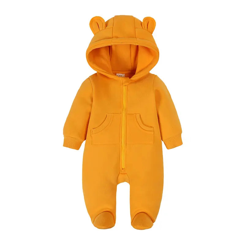 Solid Color Newborn Baby Boy Clothes Long Sleeve Hooded Zipper Baby Clothes Girls Footies Winter Warm Infant Clothing 3-24Months