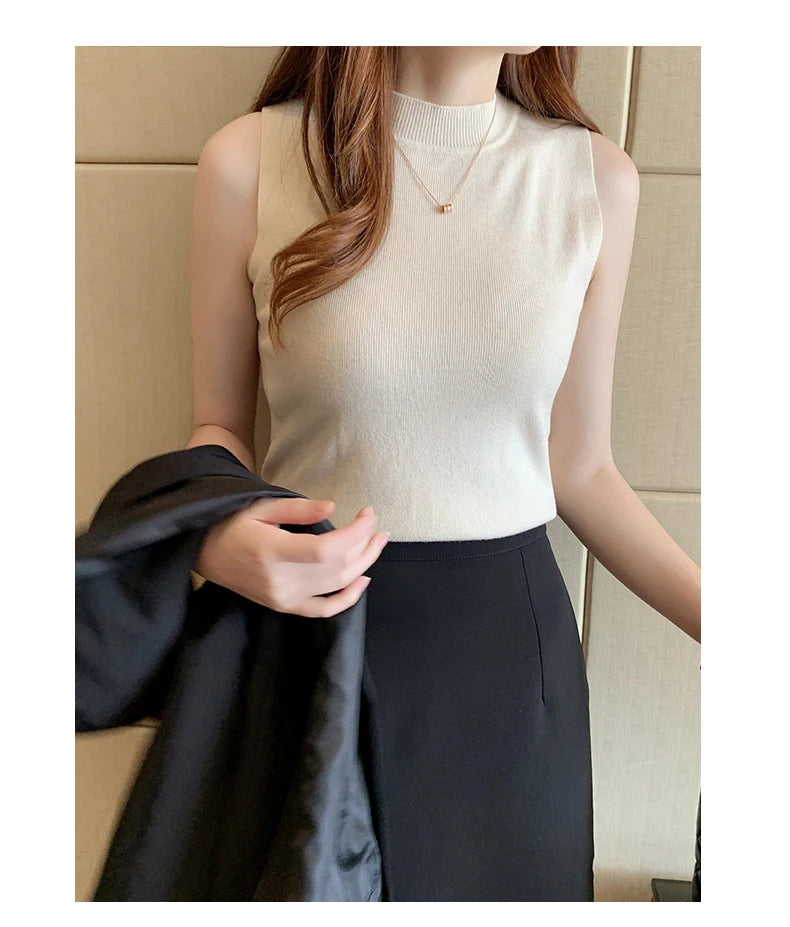 Women's T-Shirts Spring Summer Women Knitted Tank Sleeveless Shirts Tops Female High Elastic Slim Casual Knit T-Shirts Crop Tops