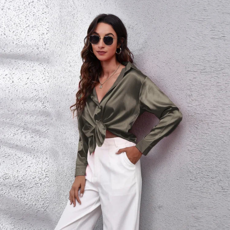 Spring Summer Long Sleeve Women's Silk Shirt Office Ladies Stain Blouses Solid Turn-down Collar Single Breasted Woman Shirts