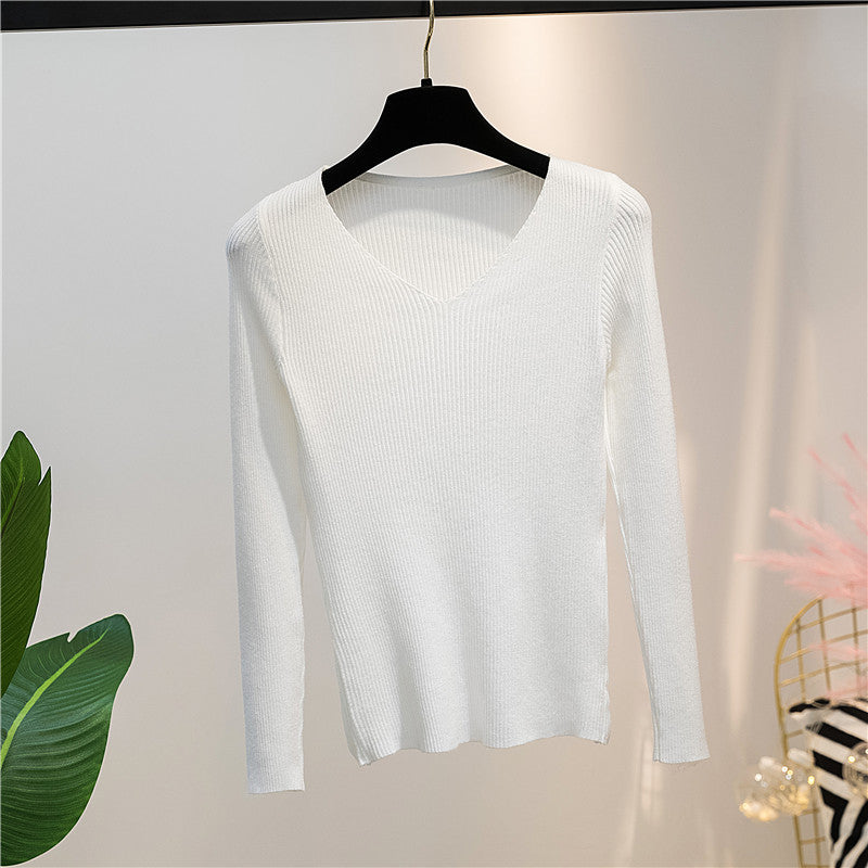 Women Knitted Shirts Fashion Female Autumn Winter Long Sleeve V-neck Skinny Elastic Casual Thin Sweater Pullover Tops Knitwear