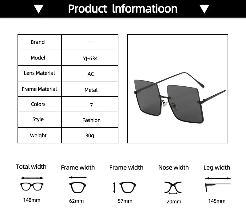 Fashion Oversized Square Sunglasses   Women Brand Retro Big Frame Sun Glasses Female Metal Semi-Rimless Designer Oculos De Sol