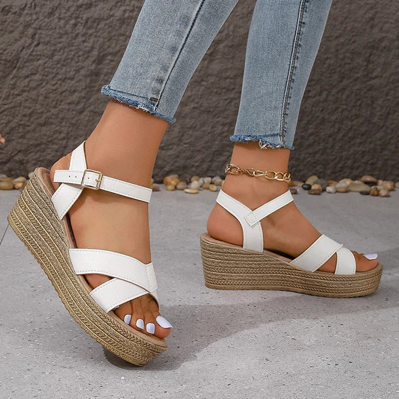 Retro Thick Bottom Platform Sandals Women 2024 Summer Pu Leather Wedges Sandals Woman Lightweight High Heeled Beach Shoes Mujer