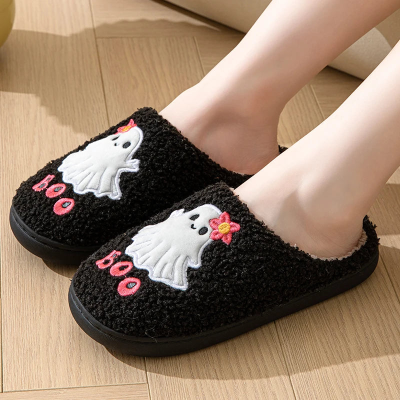 Halloween Cartoon Cotton Slippers Women 2024 Winter Warm Fluffy Fur Home Shoes Woman Flat Heels Indoor Bedroom Plush Slippers