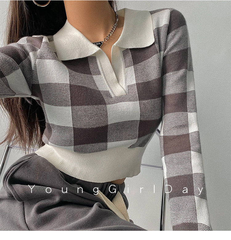 Autumn Winter Vintage Knitwear Crop Tops Women Pullover Sweaters Fashion Female Long Sleeve Elastic Casual Plaid Knitted Shirts