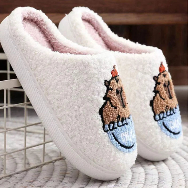 Cartoon Flat Heels Cotton Slippers Women 2024 Winter Non Slip Home Plush Slippers Woman Comfort Soft Sole Funny Shoes Footwear