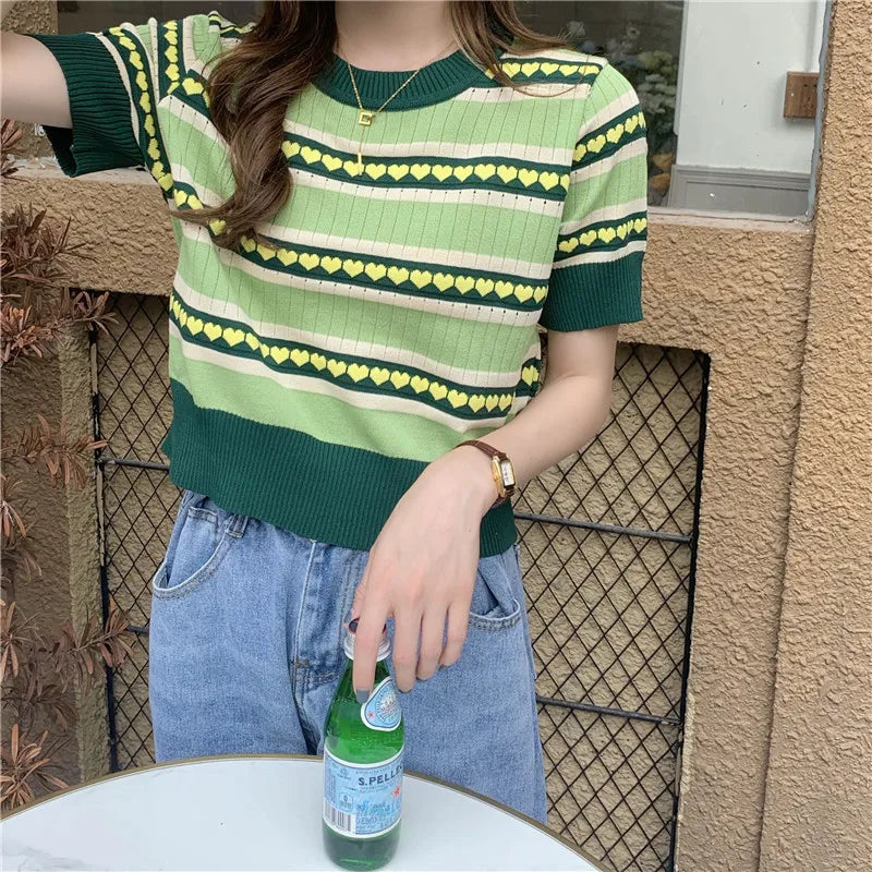 Spring Summer Women Knitted T-Shirts Striped Short Sleeve Shirts Tops Female Elastic Casual Knit Tee Crop Tops Women's T-Shirts