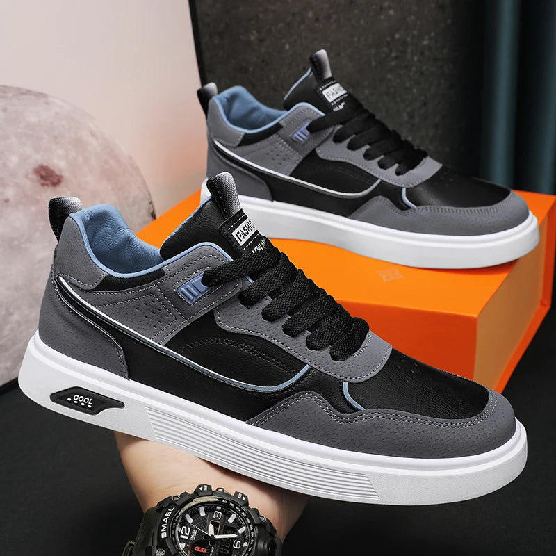 Men's new casual sports shoes leather spring and autumn lace-up white men's shoes vulcanized walking men's shoes