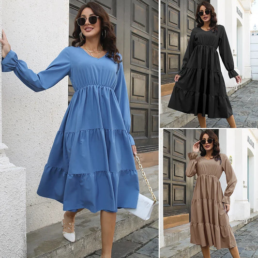 Spring Autumn Sweetheart Neck Women Dresses Office Ladies Chiffon Midi Dresses Mujer Vestidos Puff Long Sleeve A-line Dresses