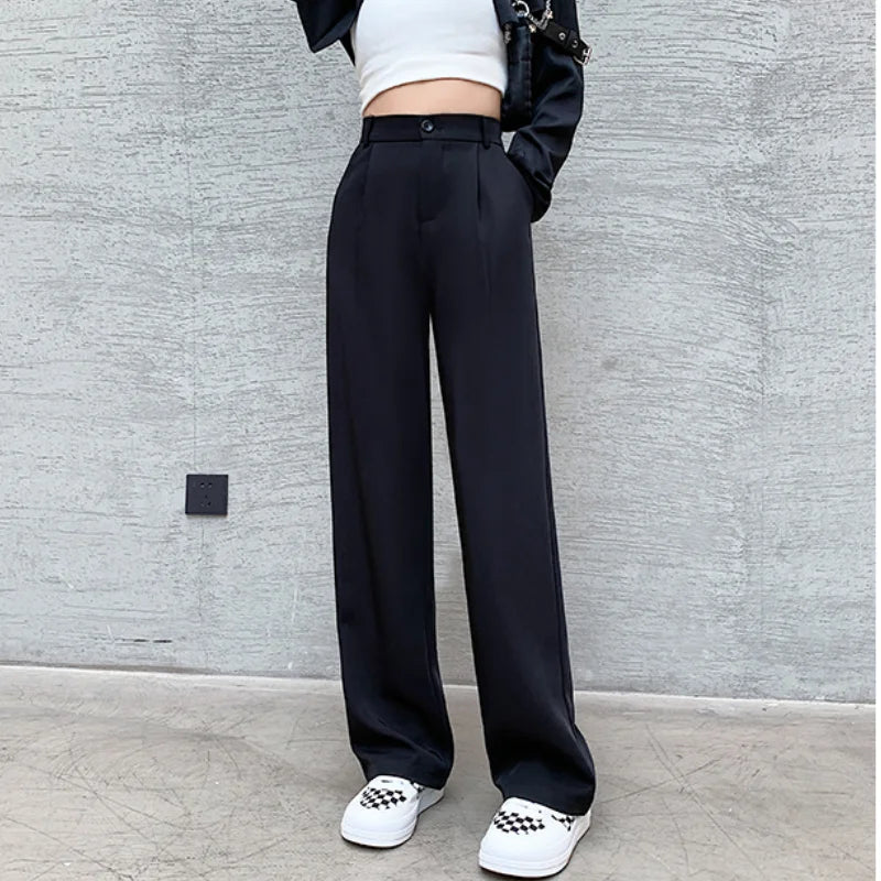 Women High Waist Floor-Length Suits Pants Autumn Winter White Loose Wide Leg Pants Female Office Ladies Straight Long Trousers