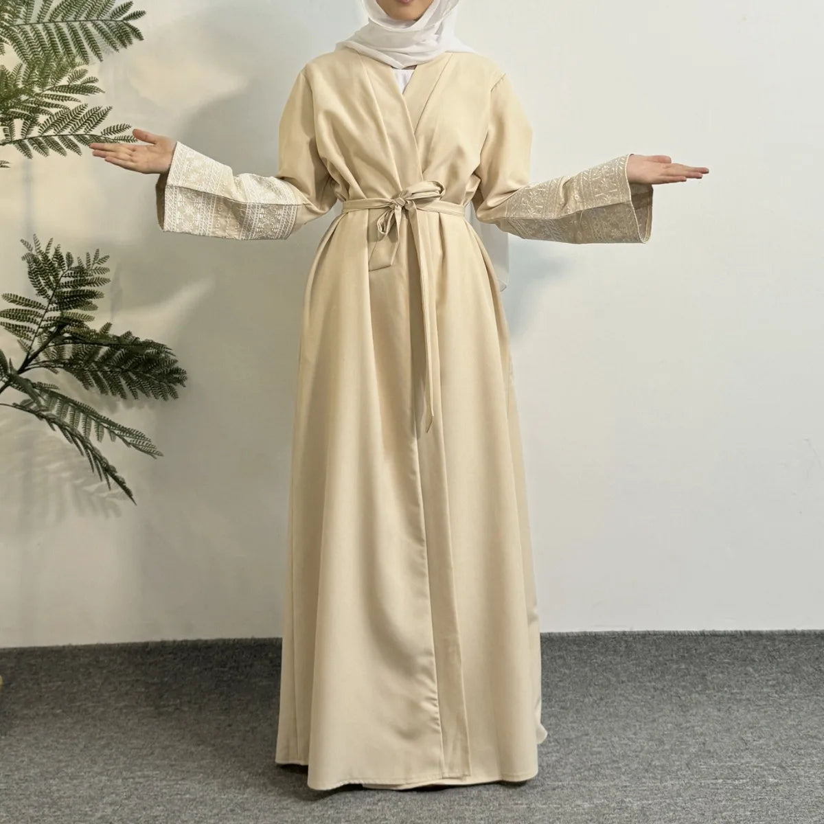 Open Front Abaya Long Sleeve Embroidered  Maxi Length Dress, Muslim Abayas Out Kaftans with Belt Women's Clothing Women Jilbabs