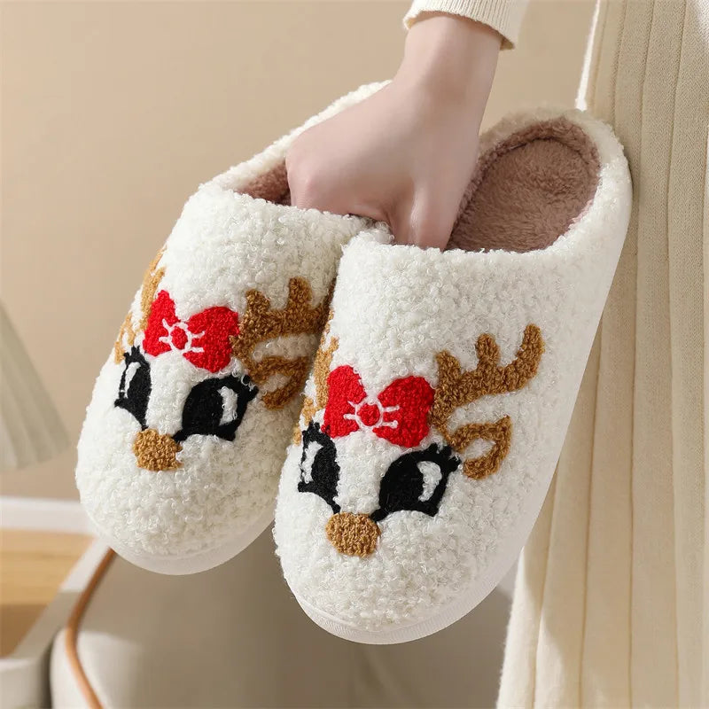 Cartoon Christmas Fluffy Home Slippers Women 2024 Winter Comfort Soft Sole Indoor Cotton Slippers Woman Funny Shoes House Slides